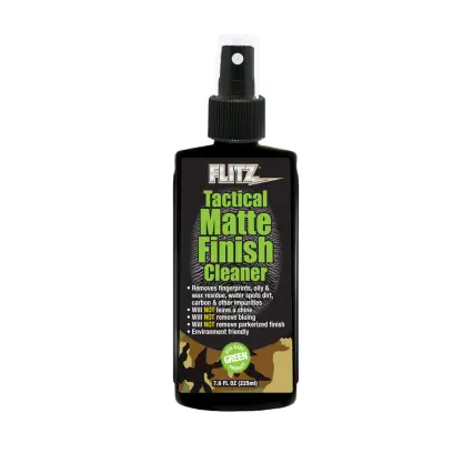 Flitz Tactical Matte Finish Cleaner. Čistí a nezanechává lesk. Okamžitě obnovuje nežádoucí lesklé povrchy zpět na matné. Neodstraňuje černěné ani parkerizované povrchy. Objem 225 ml.